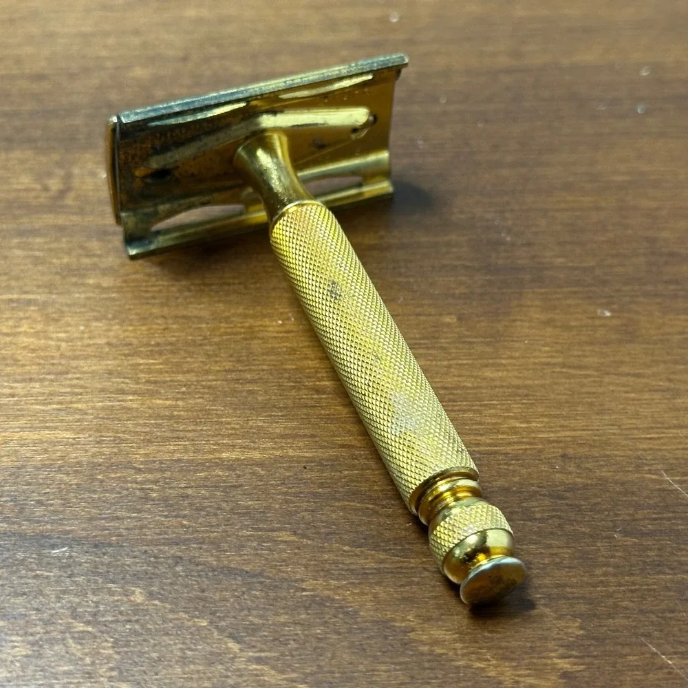 Vintage Gillette Tech Safety Razor Gold Tone 3 Piece Made in USA